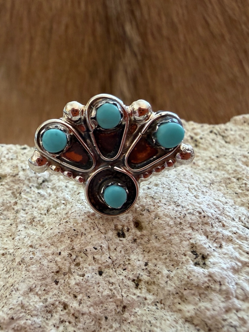 ❤️ Navajo Kingman Turquoise Sterling 4 Stone Sz 7 Fan Shape Native American Ring - Picture 7 of 15